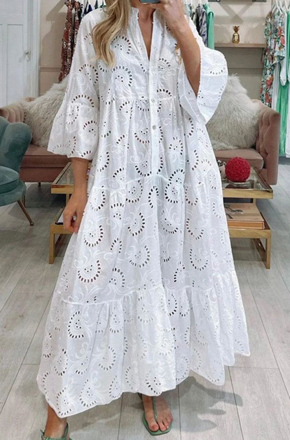 Women's Broderie Anglaise Three-Quarter Sleeve V-Neck Tiered Maxi Dress - White