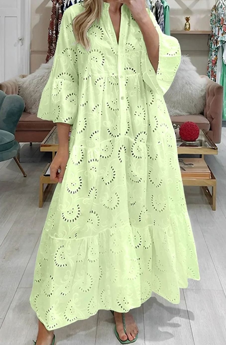 Women's Broderie Anglaise Three-Quarter Sleeve V-Neck Tiered Maxi Dress - Yellow