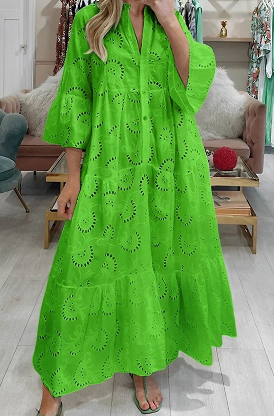Women's Broderie Anglaise Three-Quarter Sleeve V-Neck Tiered Maxi Dress - Green