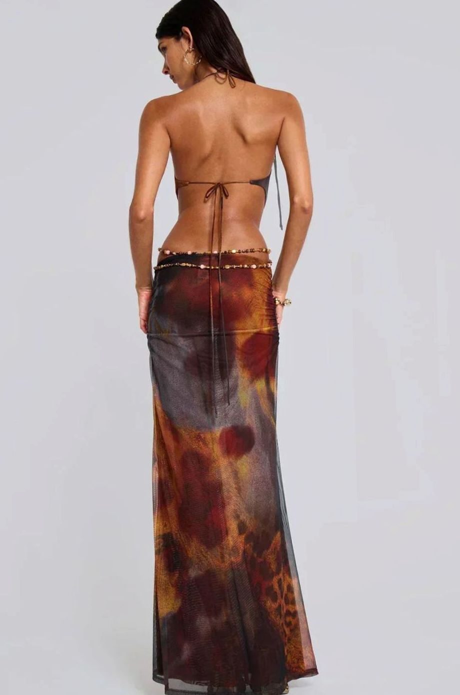 Women's Brown Leopard-Print Cut-Out Halterneck Maxi Dress