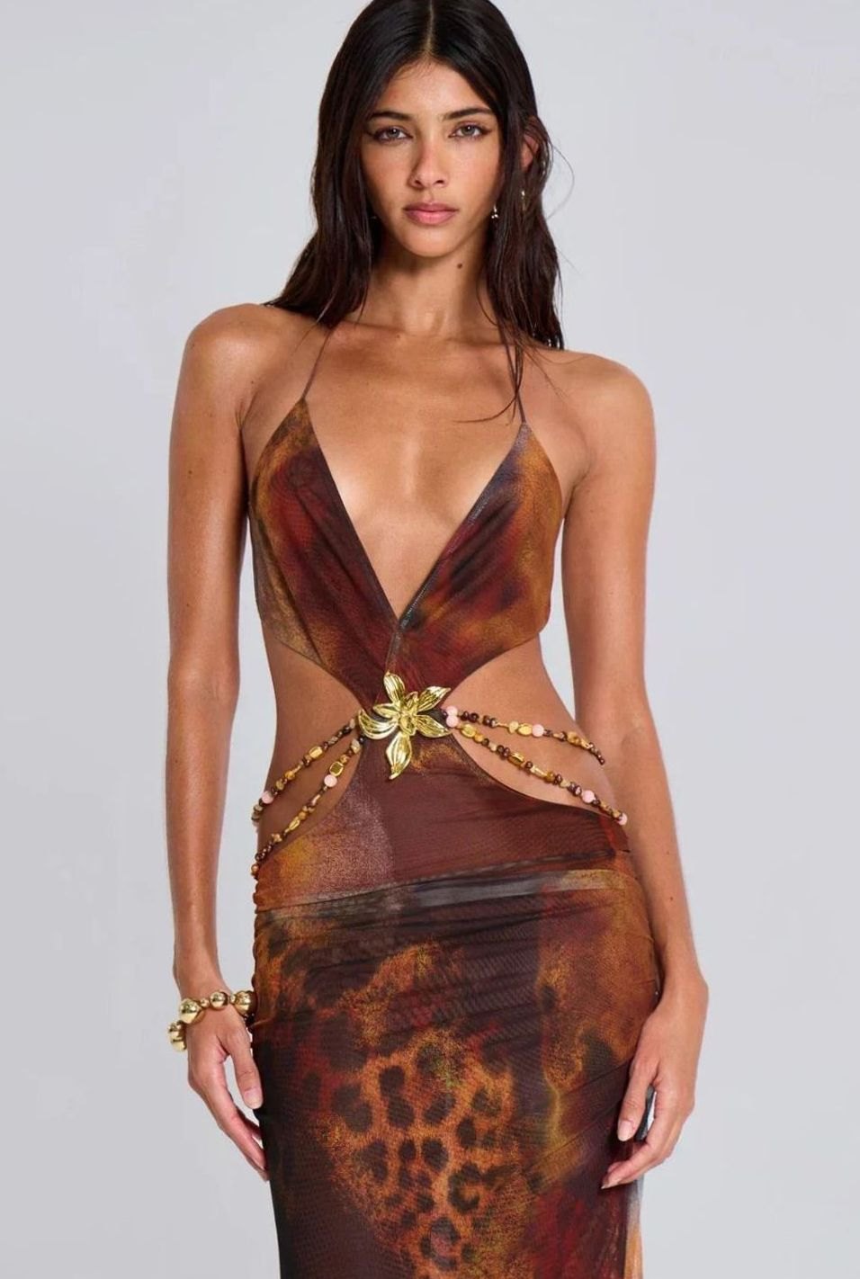 Women's Brown Leopard-Print Cut-Out Halterneck Maxi Dress - Leopard