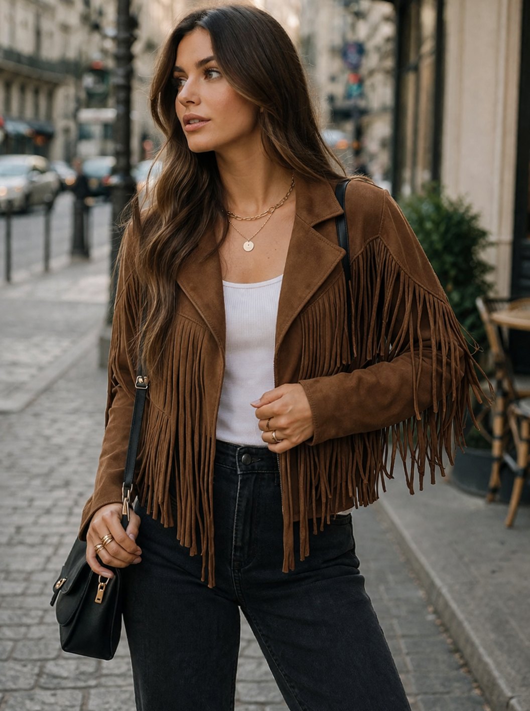 Women's Brown Suede Fringe Cropped Blazer Jacket