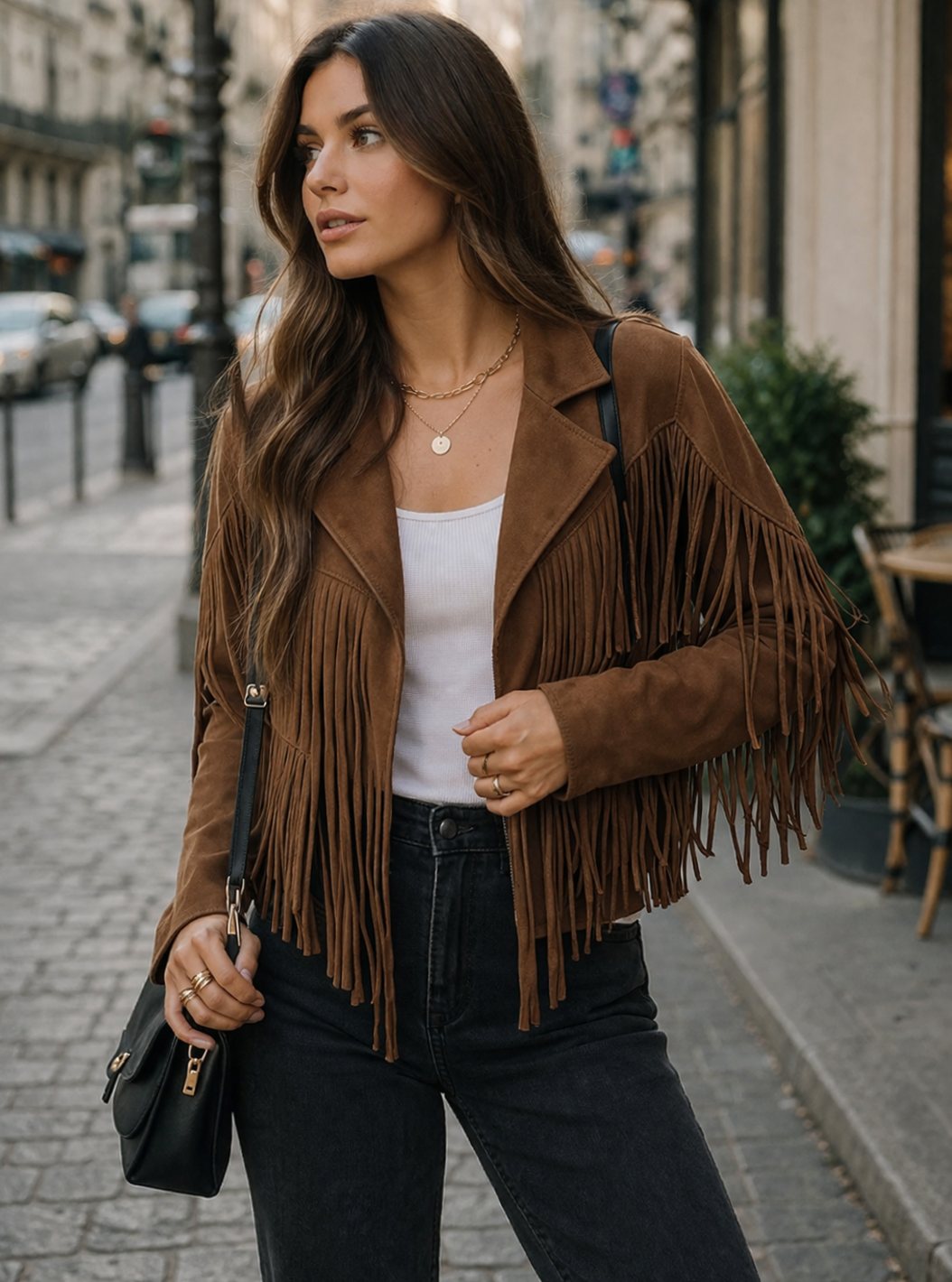 Women's Brown Suede Fringe Cropped Blazer Jacket - Brown