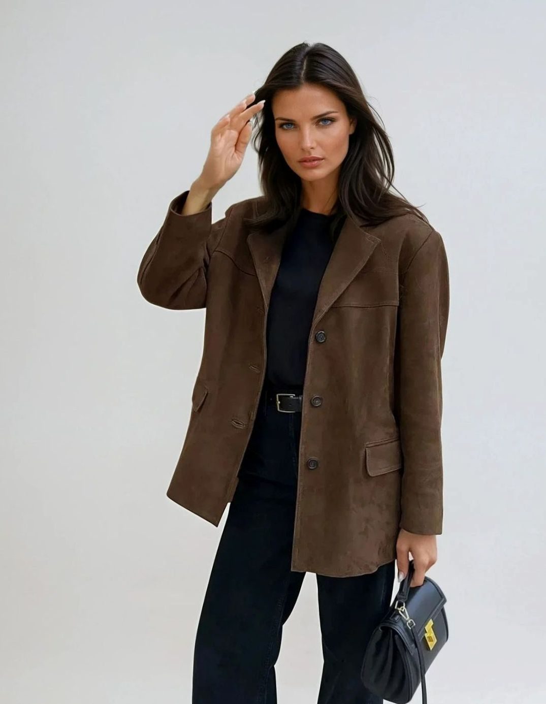 Women's Brown Suede Relaxed-Fit Button-Up Blazer - Brown