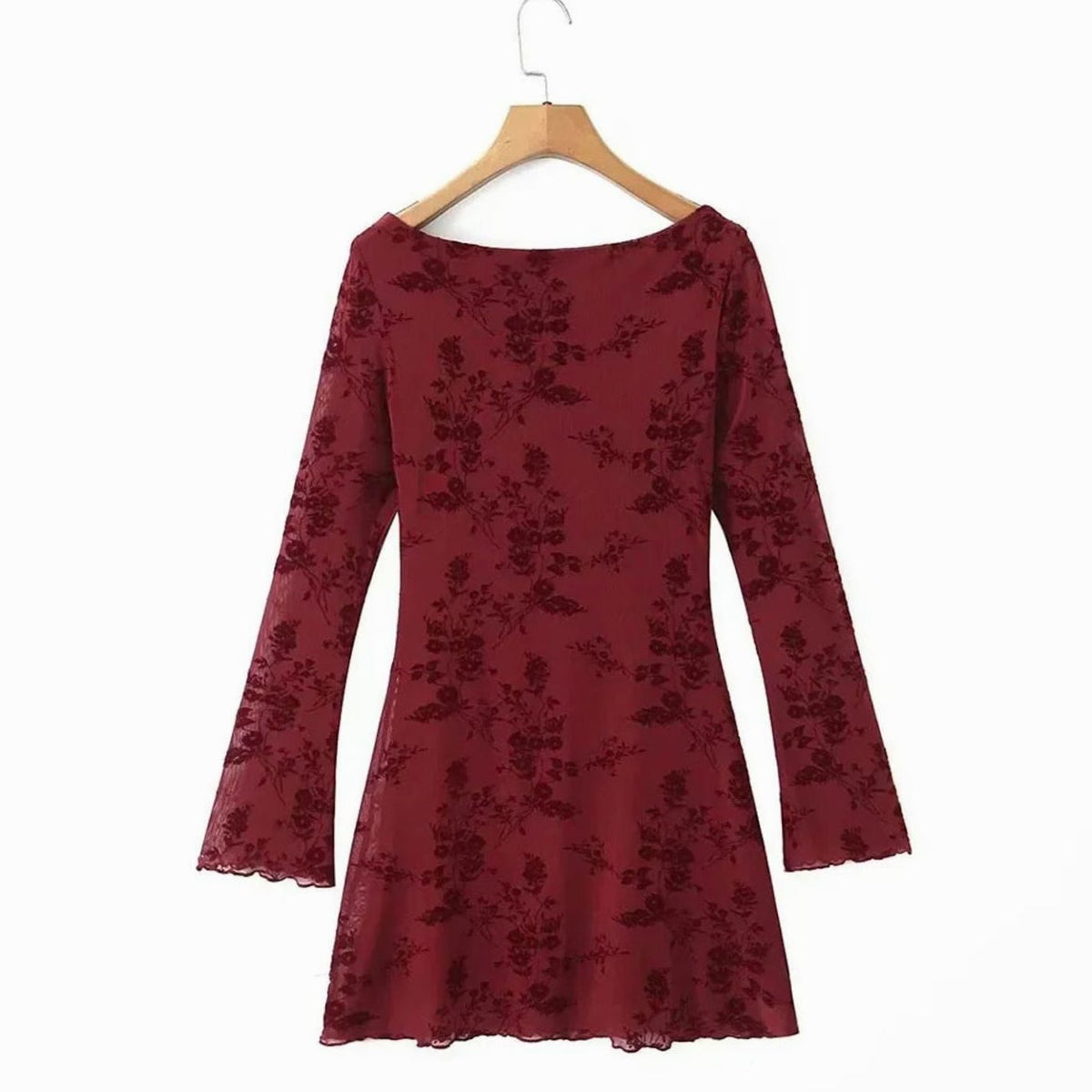 Women's Burgundy Floral Lace Long Sleeve Mini Wedding Guest Dress