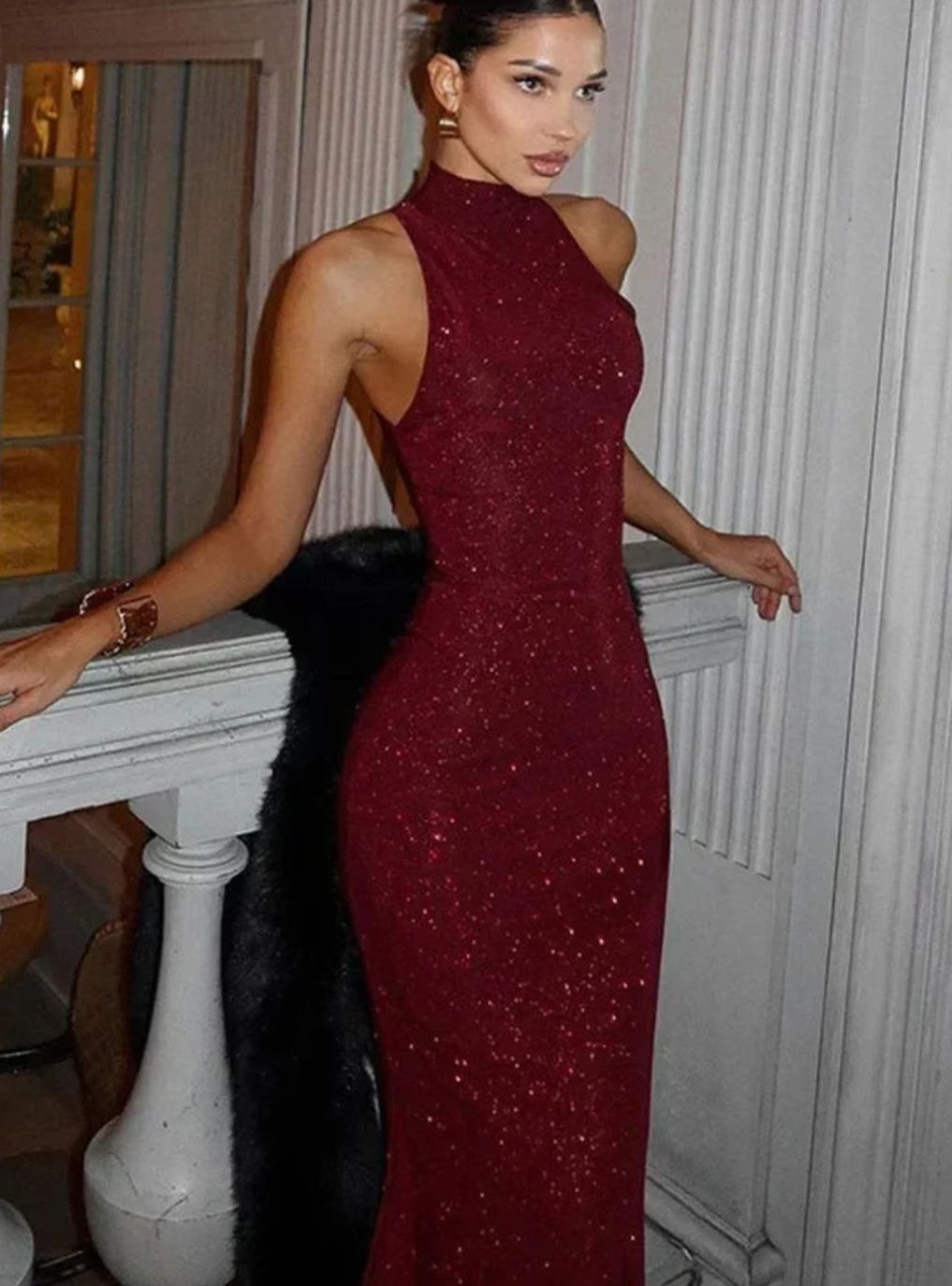 Women's Burgundy Sequin Halter-Neck Fitted Maxi Evening Dress