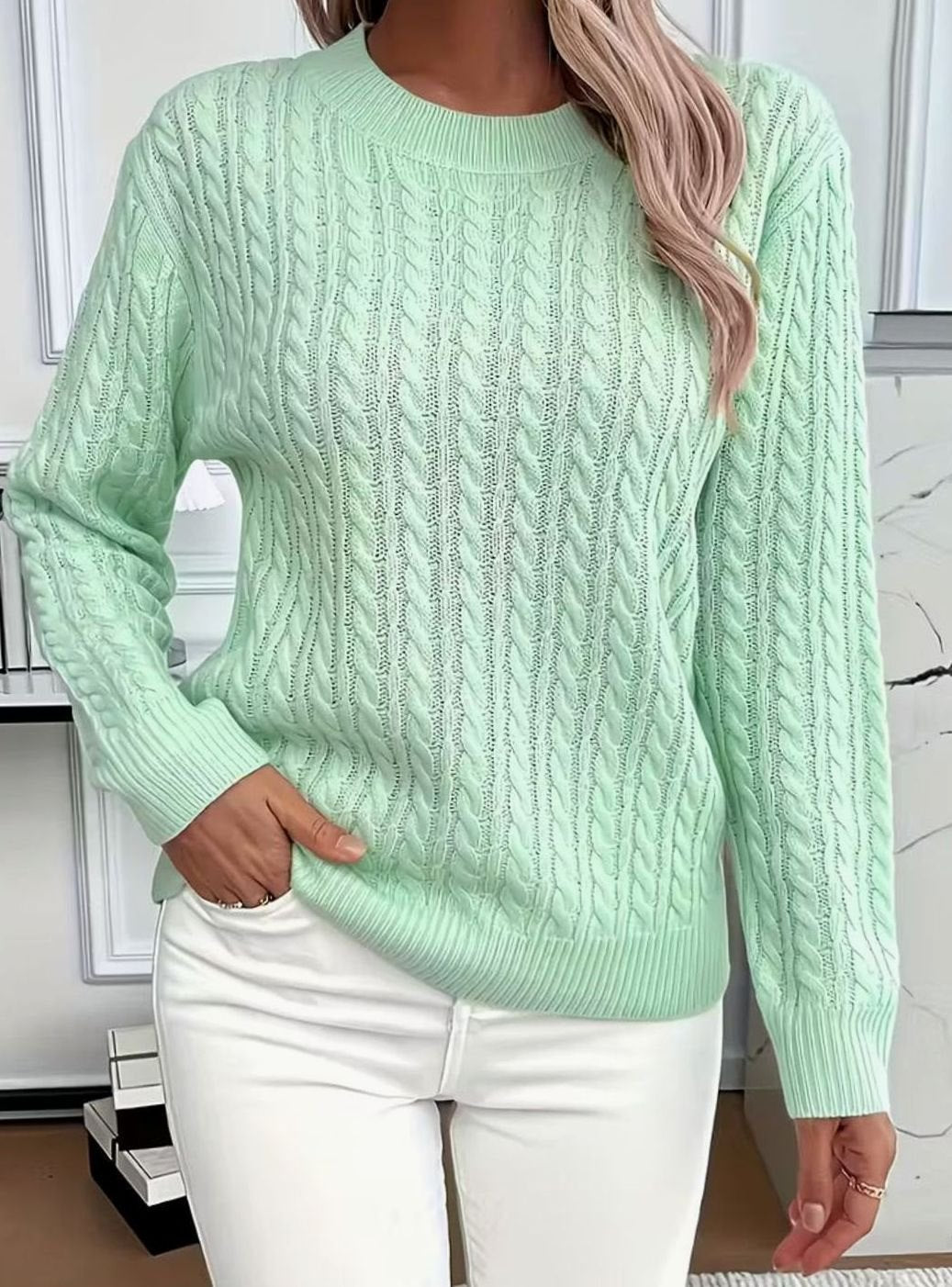 Women's Cable-Knit Crew-Neck Lightweight Sweater Pullover