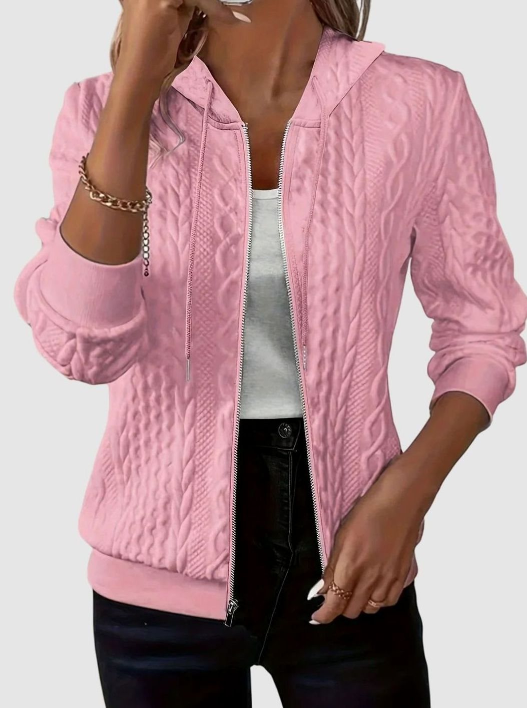 Women's Cable-Knit Texture Zip-Up Hooded Spring Jacket - Pink