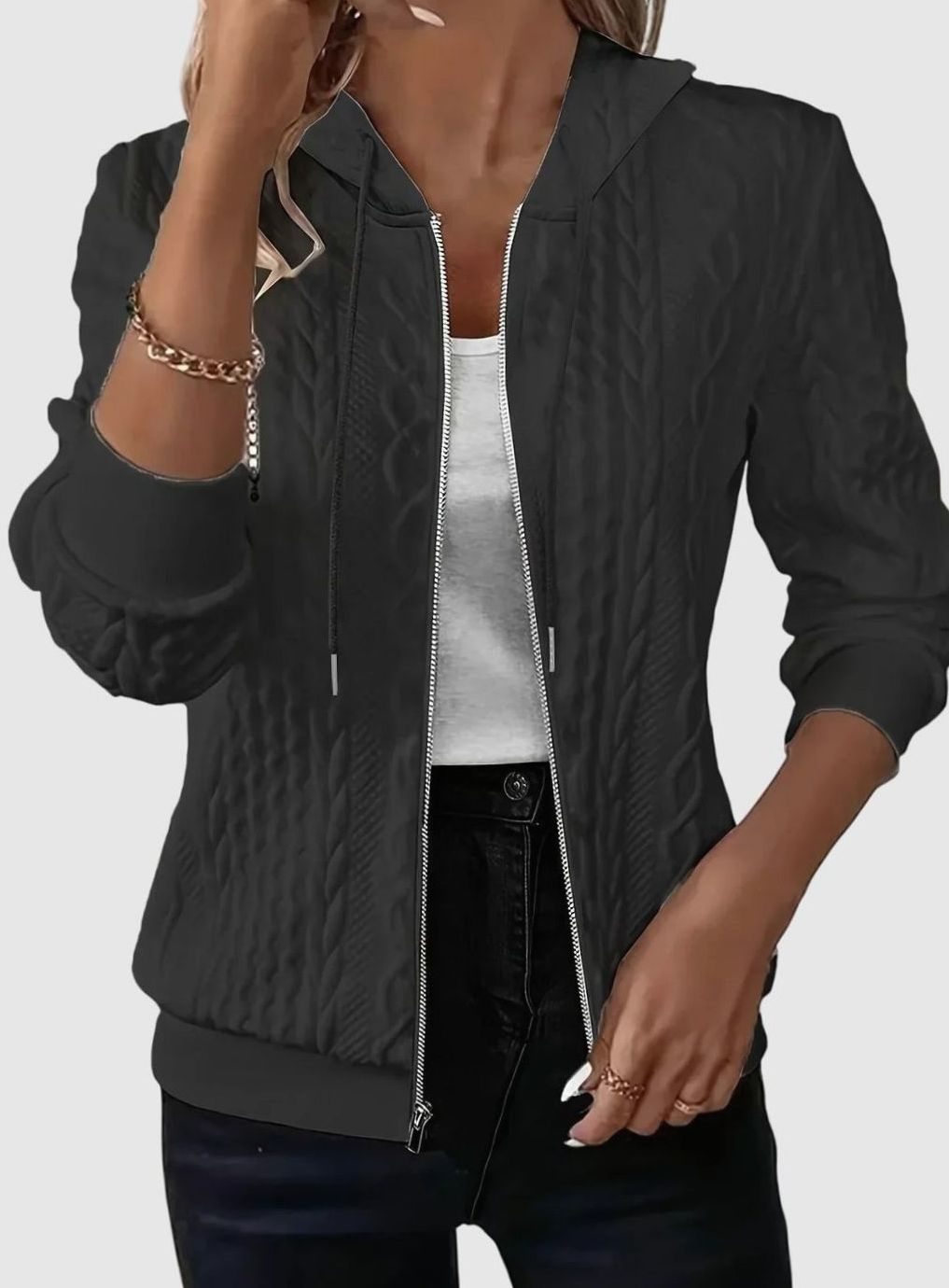 Women's Cable-Knit Texture Zip-Up Hooded Spring Jacket - Black