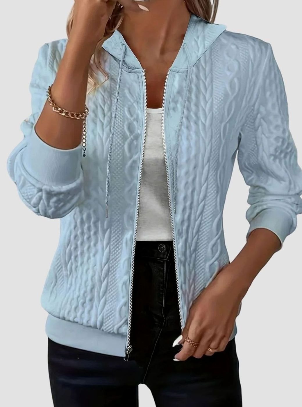 Women's Cable-Knit Texture Zip-Up Hooded Spring Jacket - Sky Blue