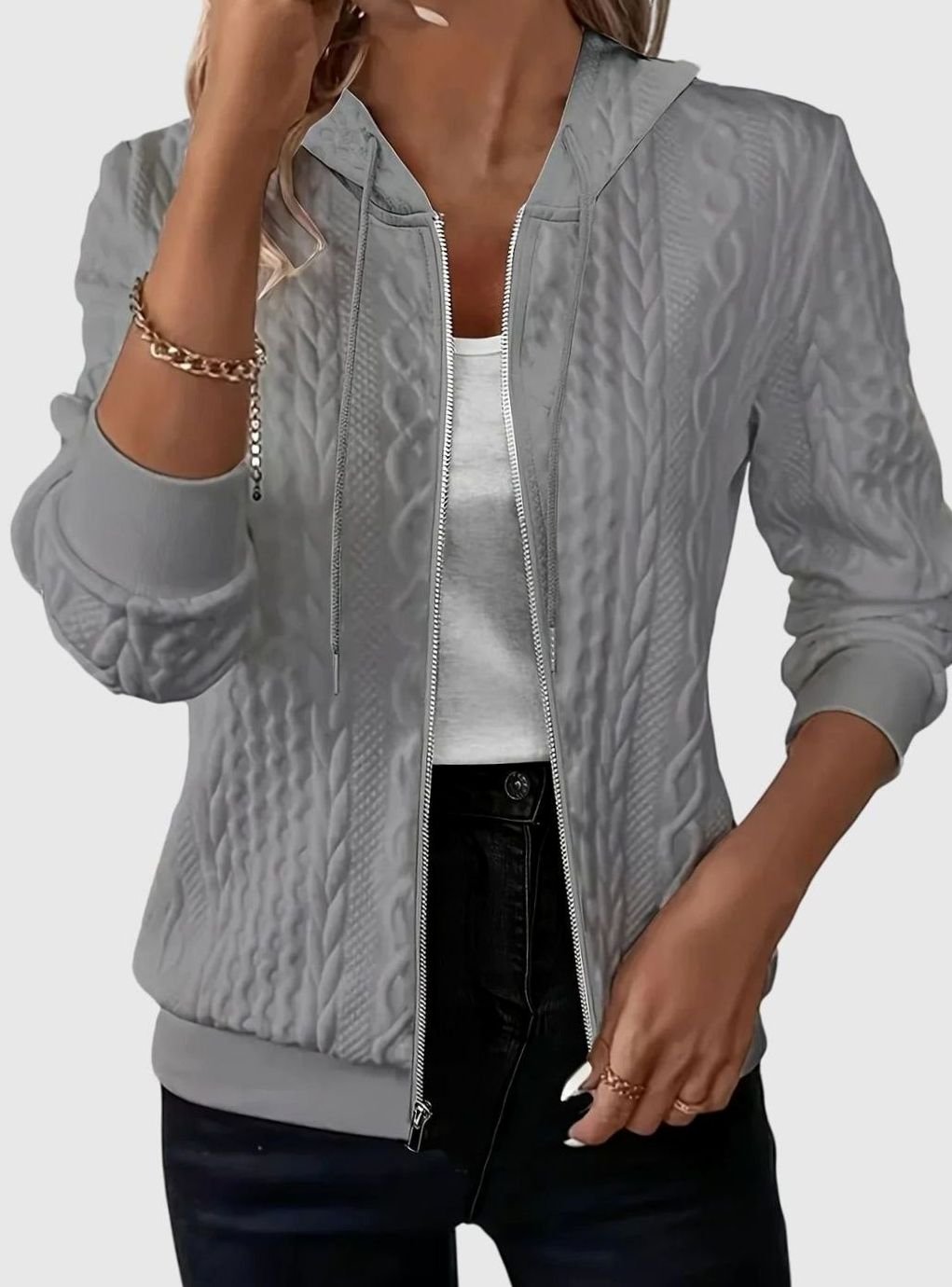 Women's Cable-Knit Texture Zip-Up Hooded Spring Jacket - Grey