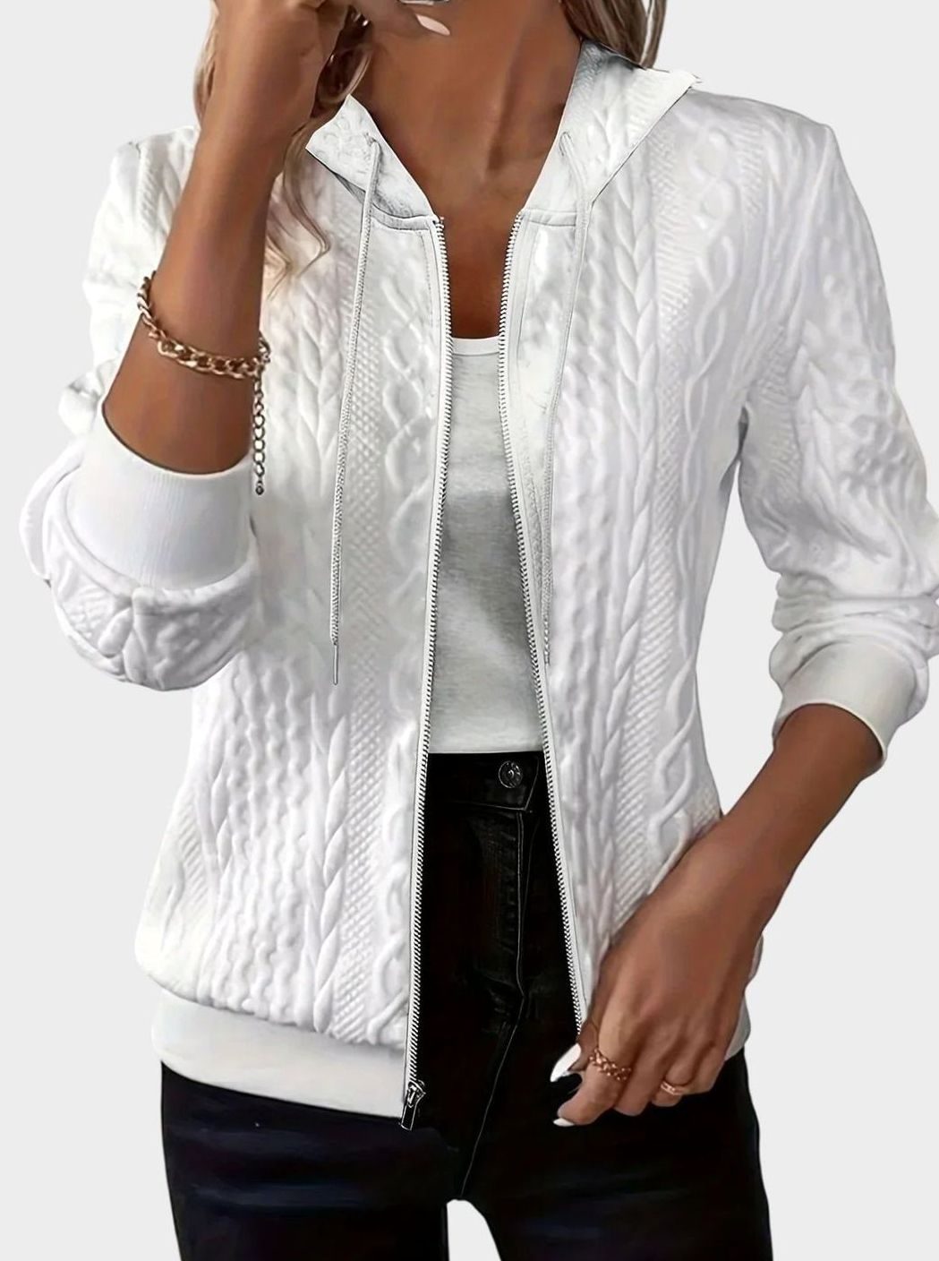 Women's Cable-Knit Texture Zip-Up Hooded Spring Jacket - White