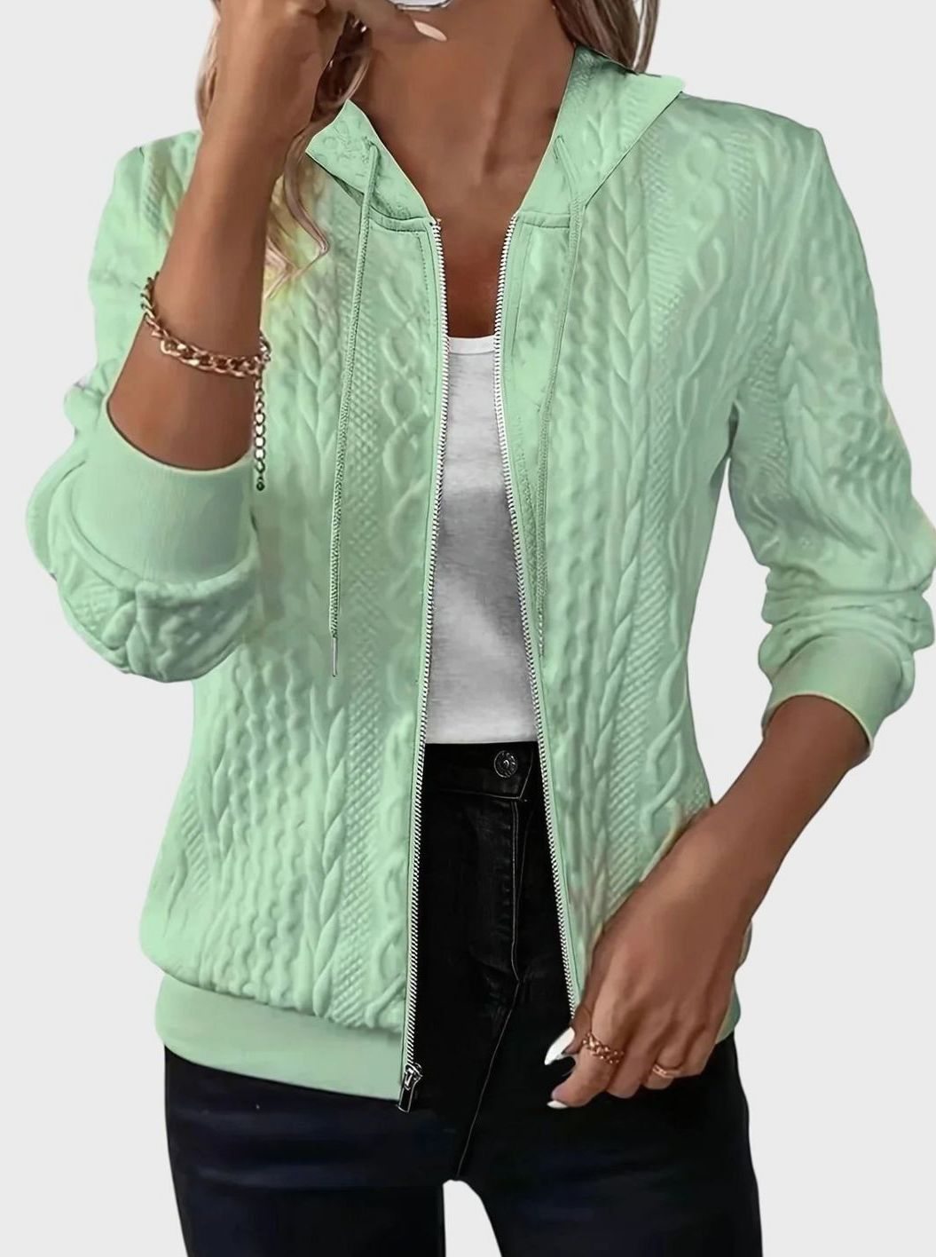 Women's Cable-Knit Texture Zip-Up Hooded Spring Jacket - Green