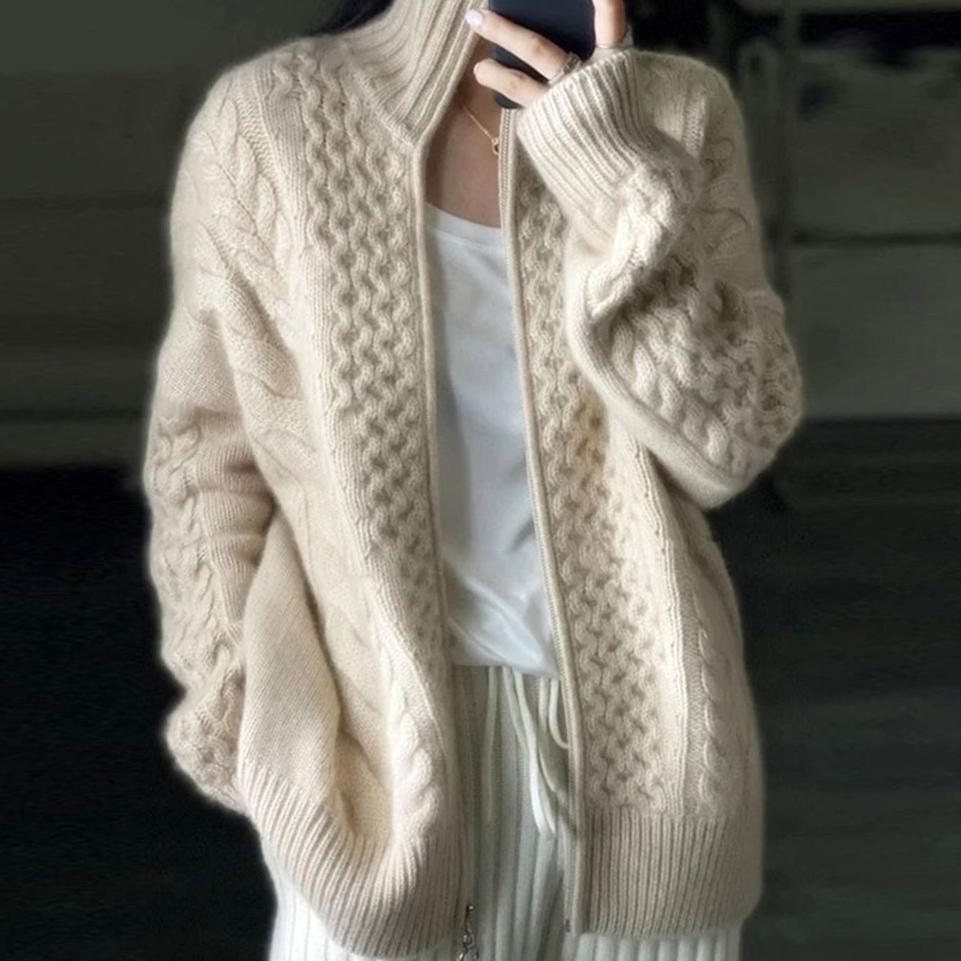 Women's Cable Knit Zip-Up High-Neck Oversized Cardigan - Beige