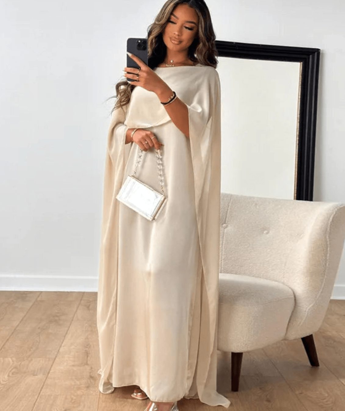 Women's Cape-Overlay Boat-Neck Floor-Length Evening Maxi Dress - White