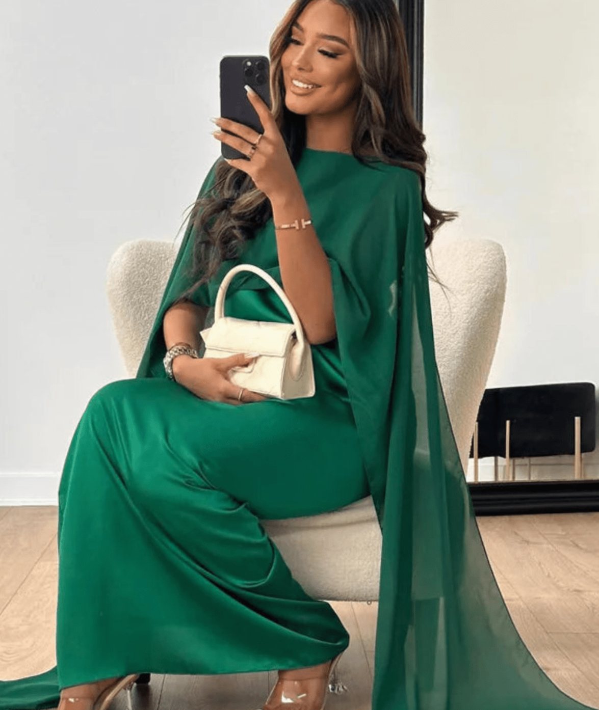 Women's Cape-Overlay Boat-Neck Floor-Length Evening Maxi Dress - Green