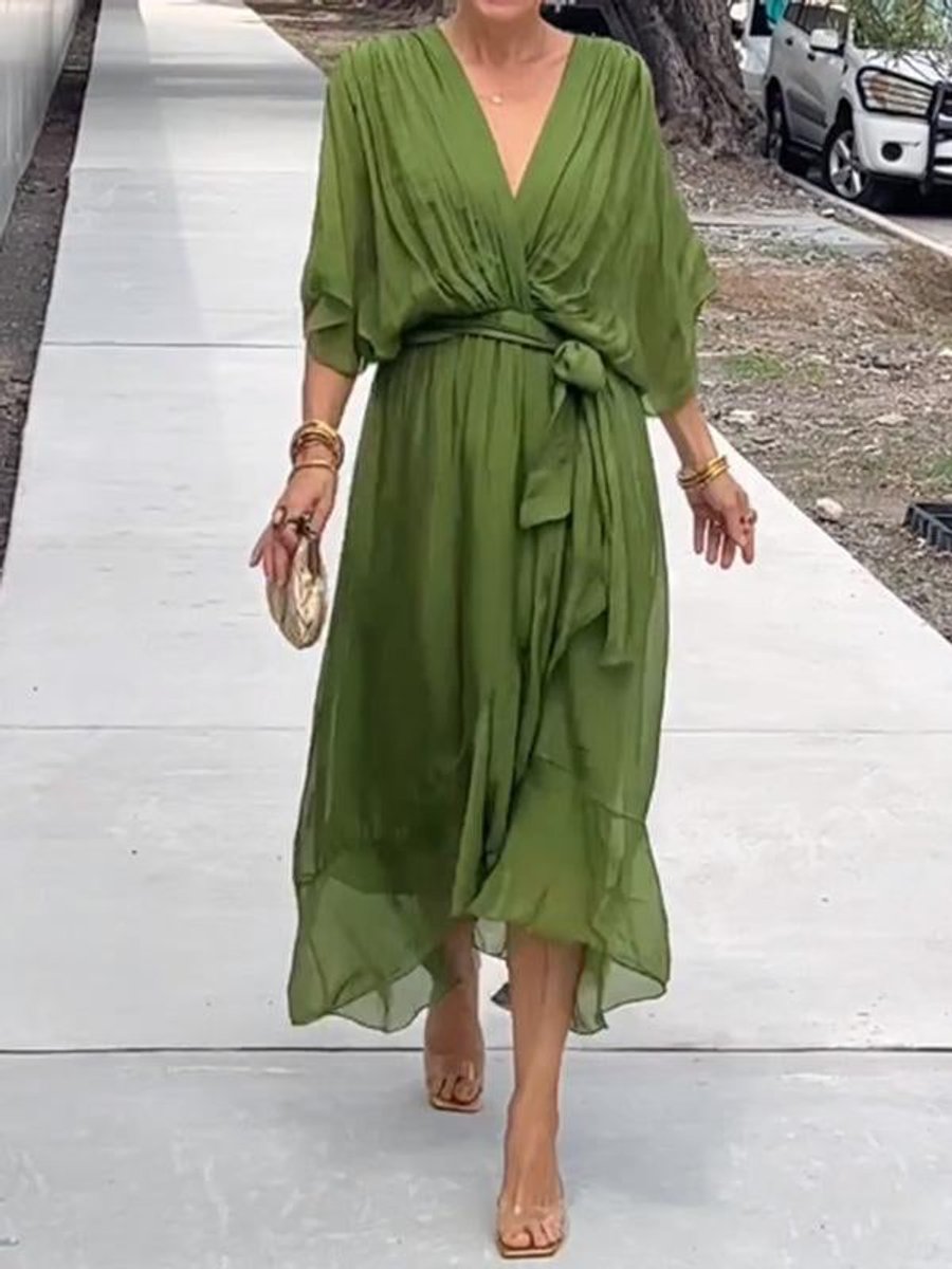 Women's Chiffon Belted Deep V Neck Dress Flowy Midi - Green