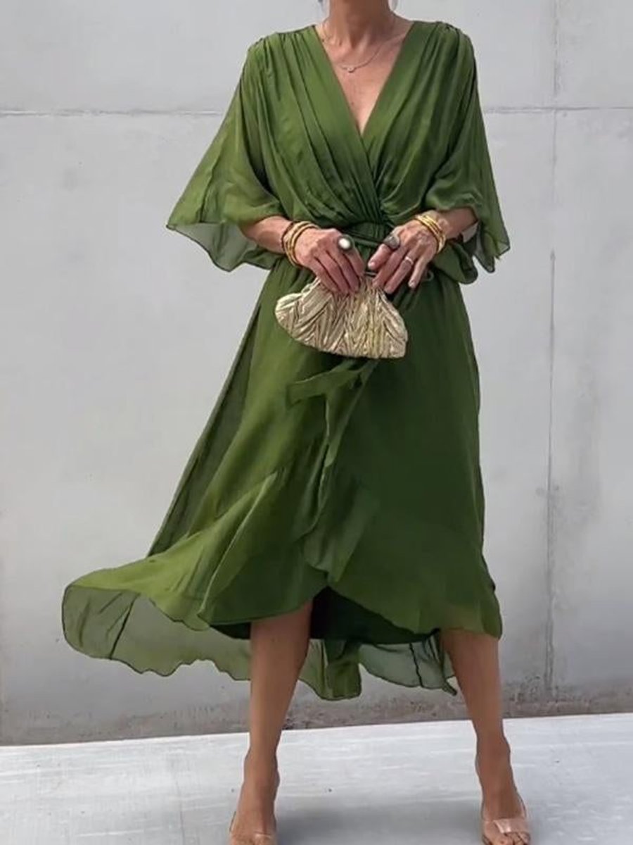 Women's Chiffon Belted Deep V Neck Dress Flowy Midi