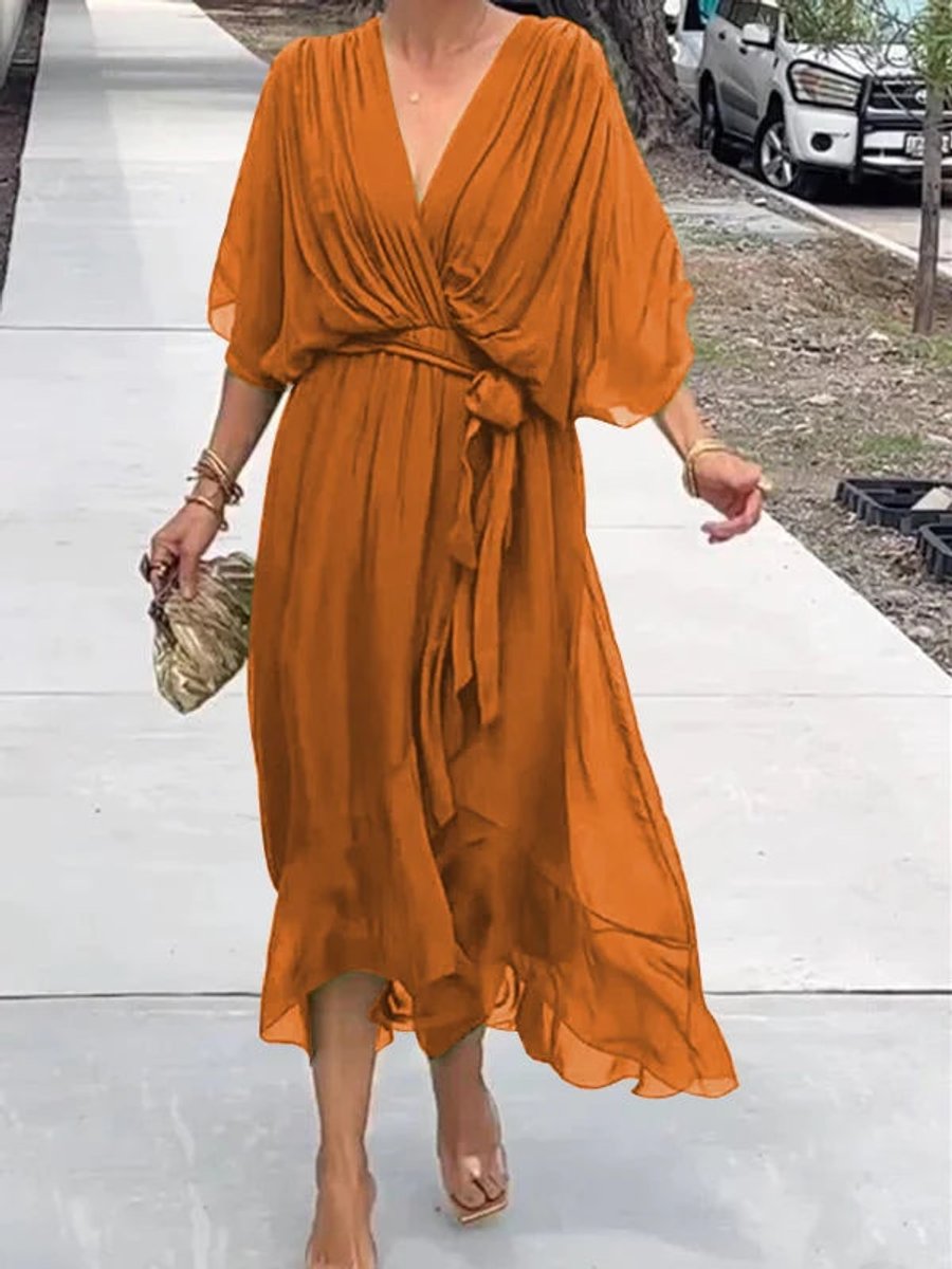 Women's Chiffon Belted Deep V Neck Dress Flowy Midi - Orange