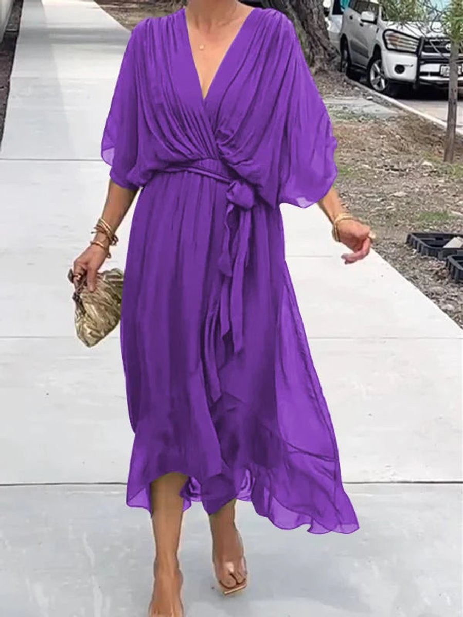 Women's Chiffon Belted Deep V Neck Dress Flowy Midi - Purple