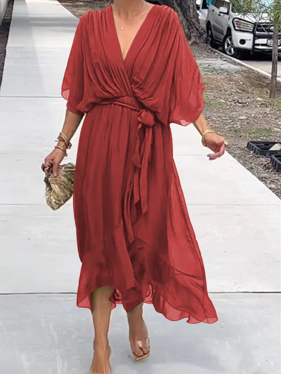 Women's Chiffon Belted Deep V Neck Dress Flowy Midi - Red