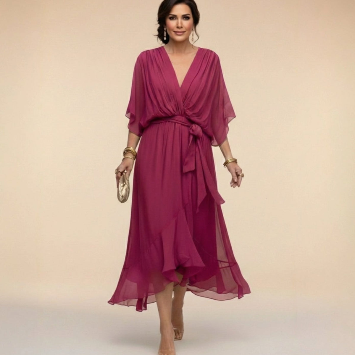 Women's Chiffon V-Neck Wedding Guest Dress Flowy Midi - Dark Purple
