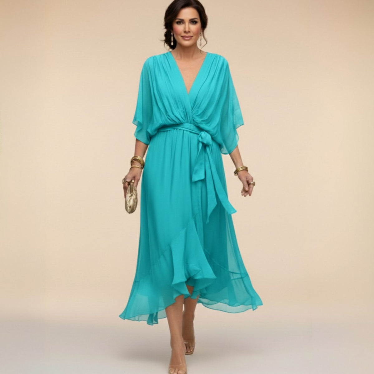Women's Chiffon V-Neck Wedding Guest Dress Flowy Midi - Navy Blue