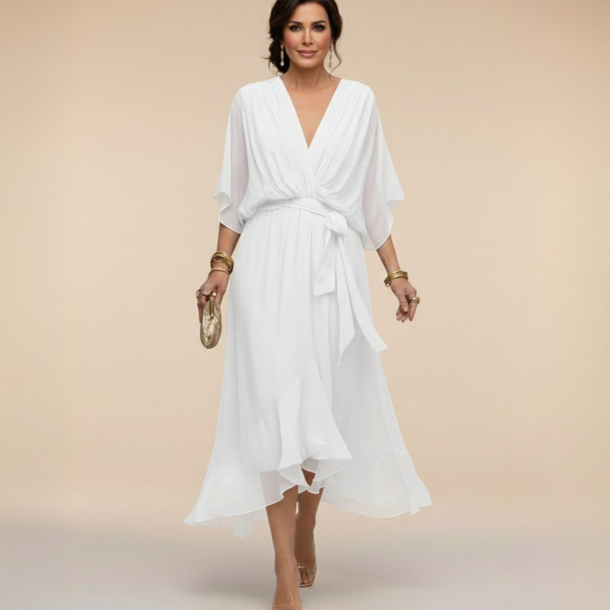 Women's Chiffon V-Neck Wedding Guest Dress Flowy Midi - White
