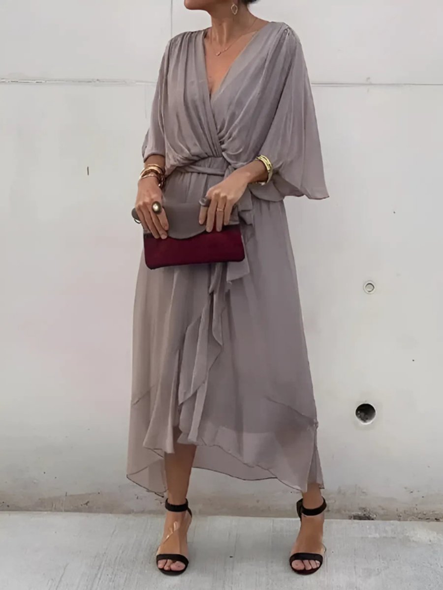 Women's Chiffon Wrap Summer Dress Midi Flowy V-Neck - Grey