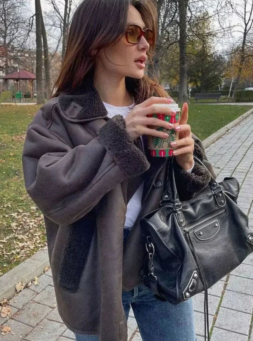 Women's Chocolate Brown Oversized Shearling-Lined Faux Leather Jacket