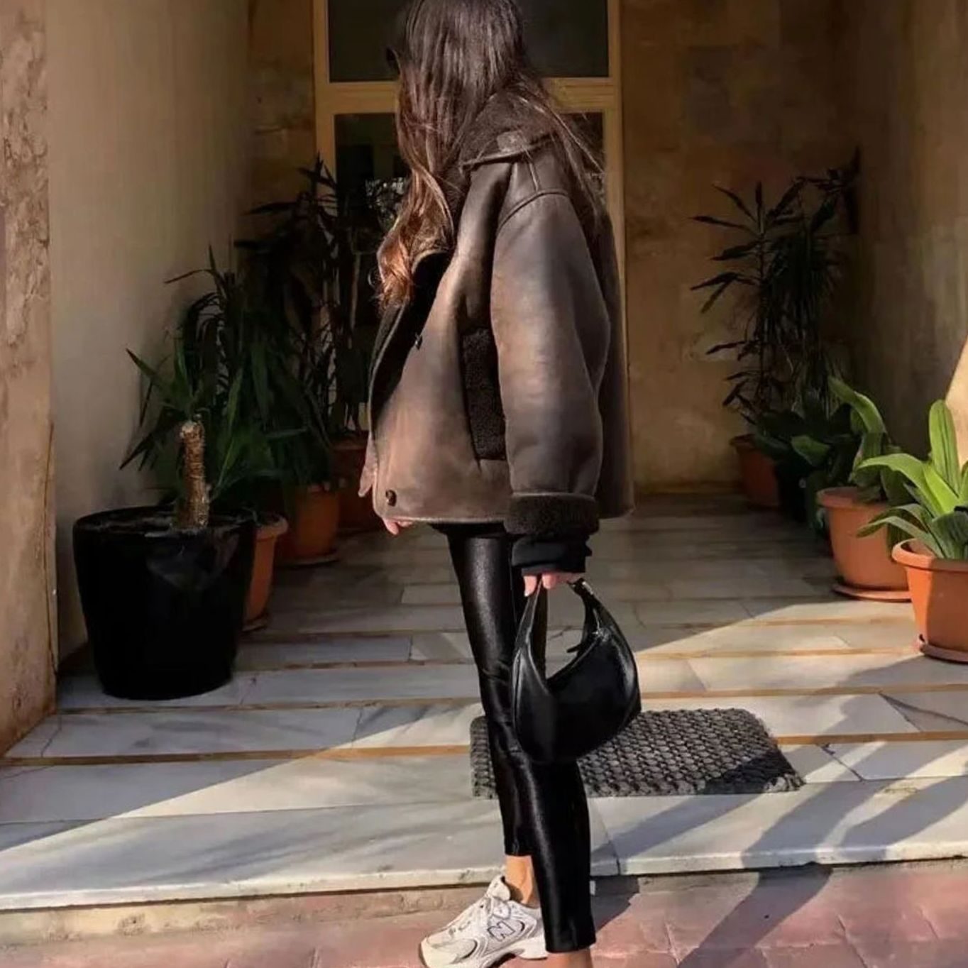 Women's Chocolate Brown Oversized Shearling-Lined Faux Leather Jacket