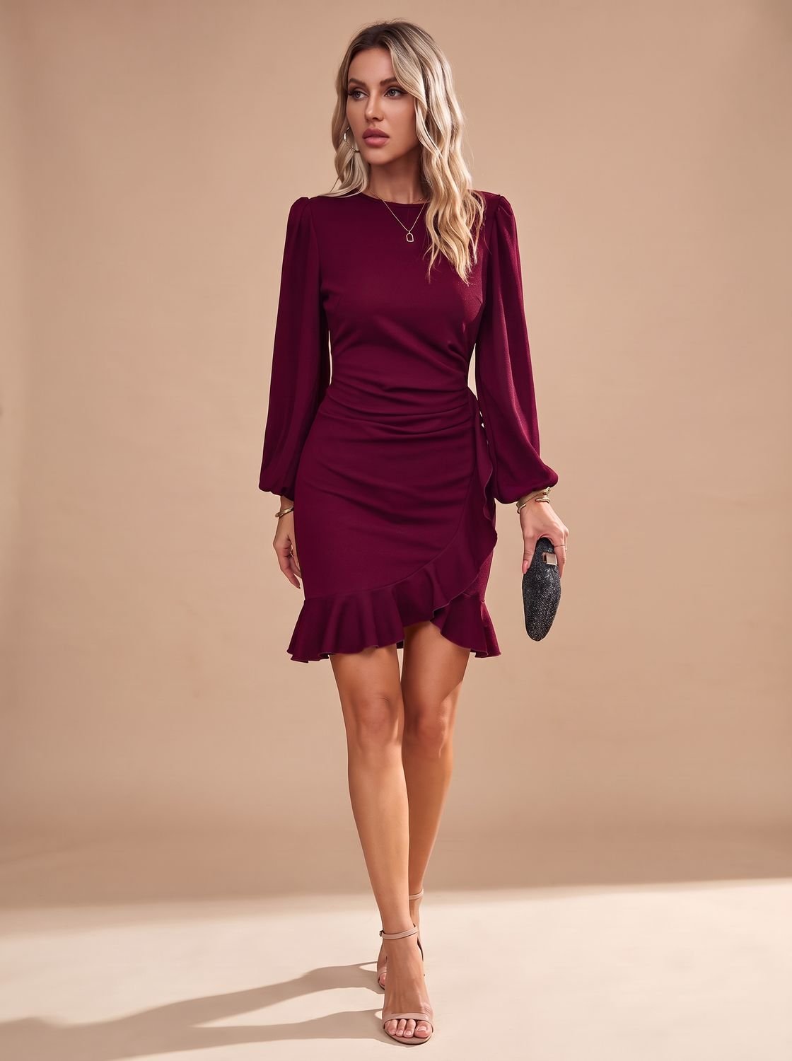 Women's Christmas Party Ruffle-Hem Long-Sleeve Mini Dress - Burgundy