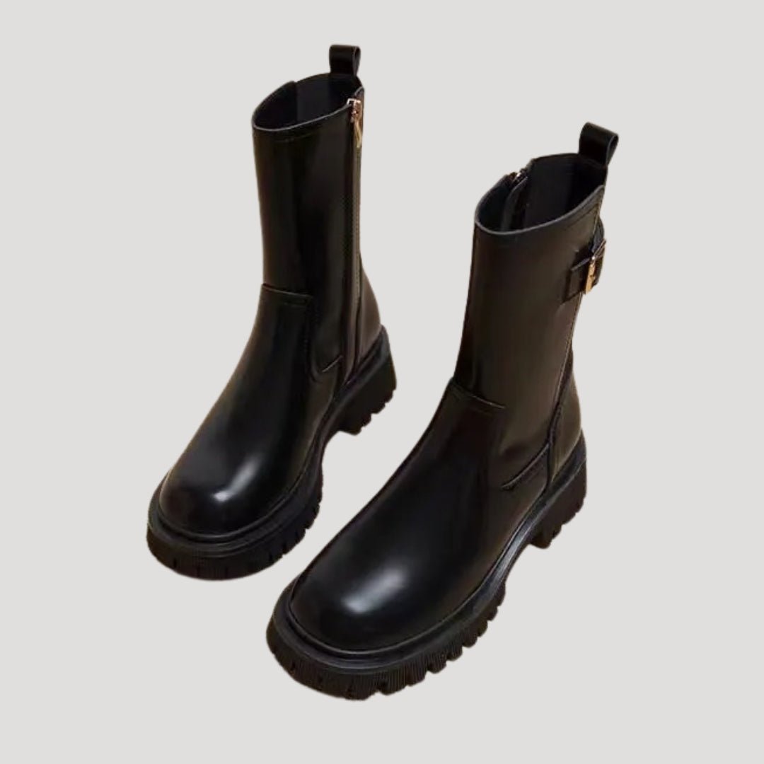 Women's Chunky Mid-Calf Leather Boots - Black