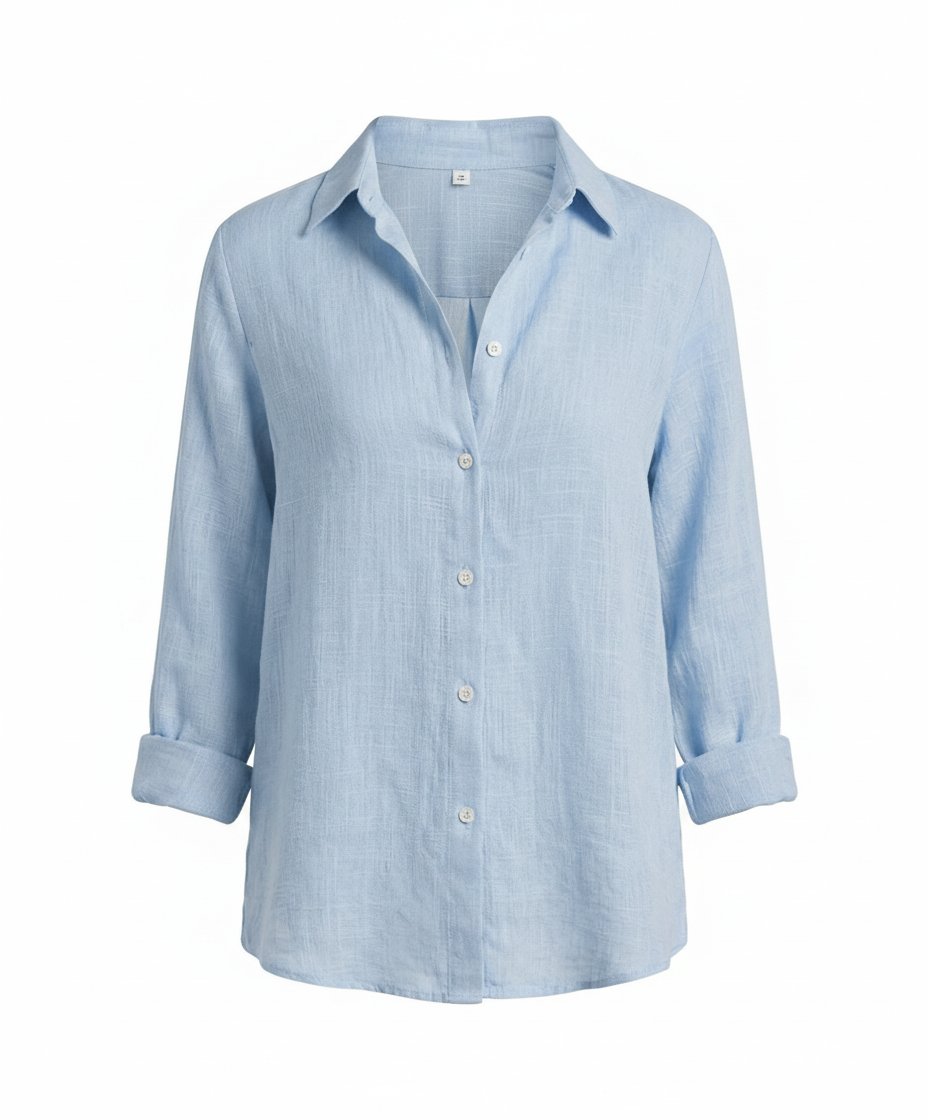 Women's Classic-Collar Three-Quarter-Sleeve Linen Shirt - Blue