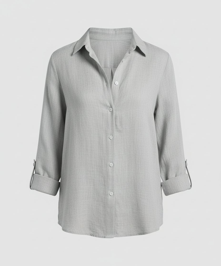 Women's Classic-Collar Three-Quarter-Sleeve Linen Shirt - Gray