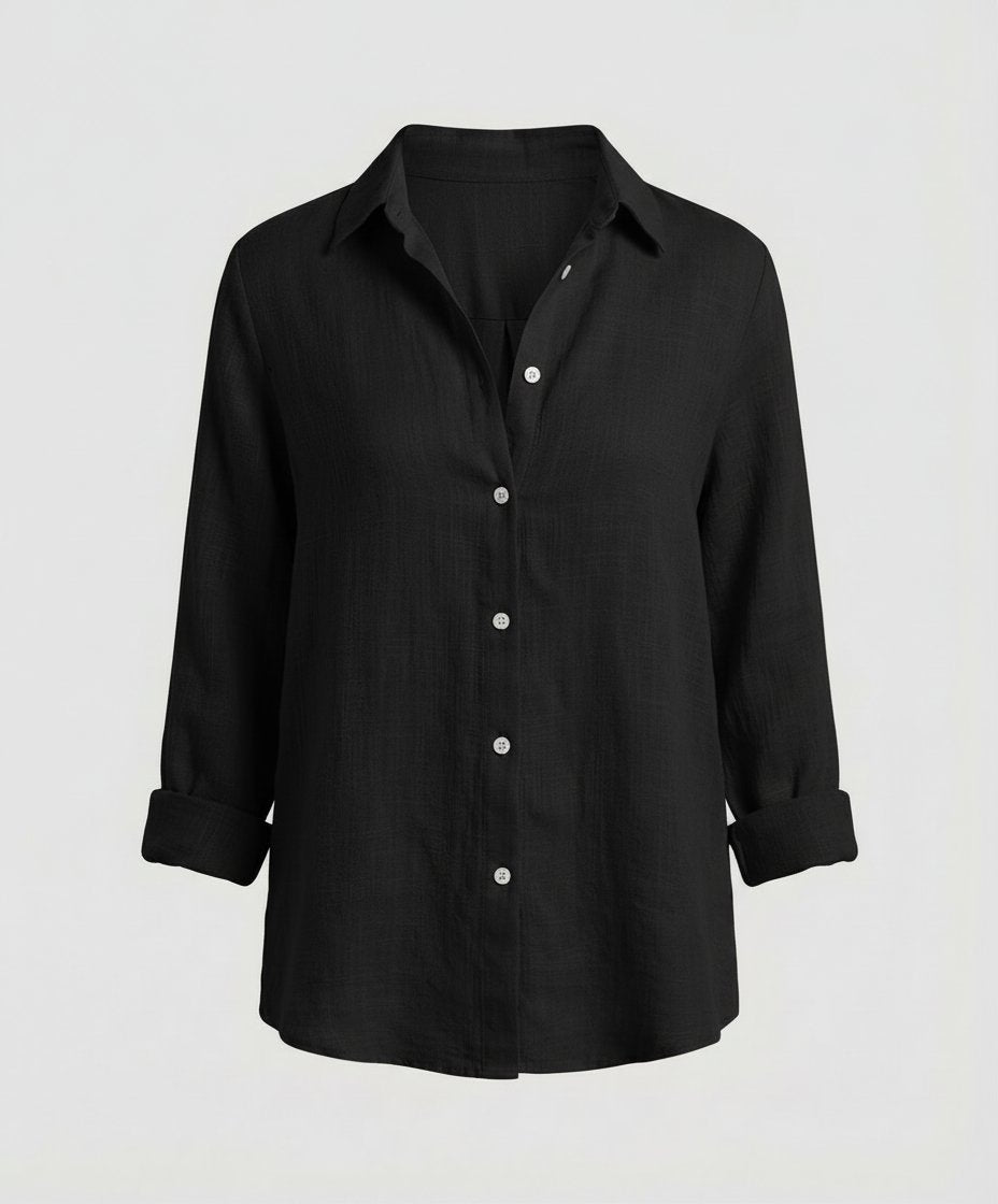 Women's Classic-Collar Three-Quarter-Sleeve Linen Shirt - Black