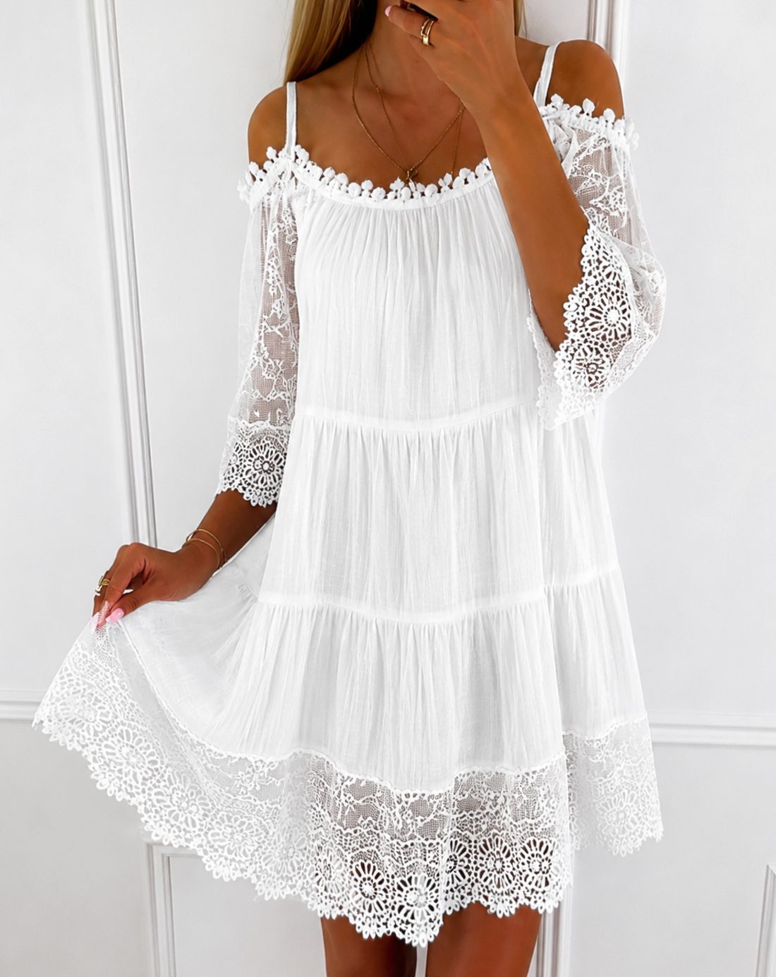 Women's Cold-Shoulder Lace-Trim Tiered Mini Dress - White