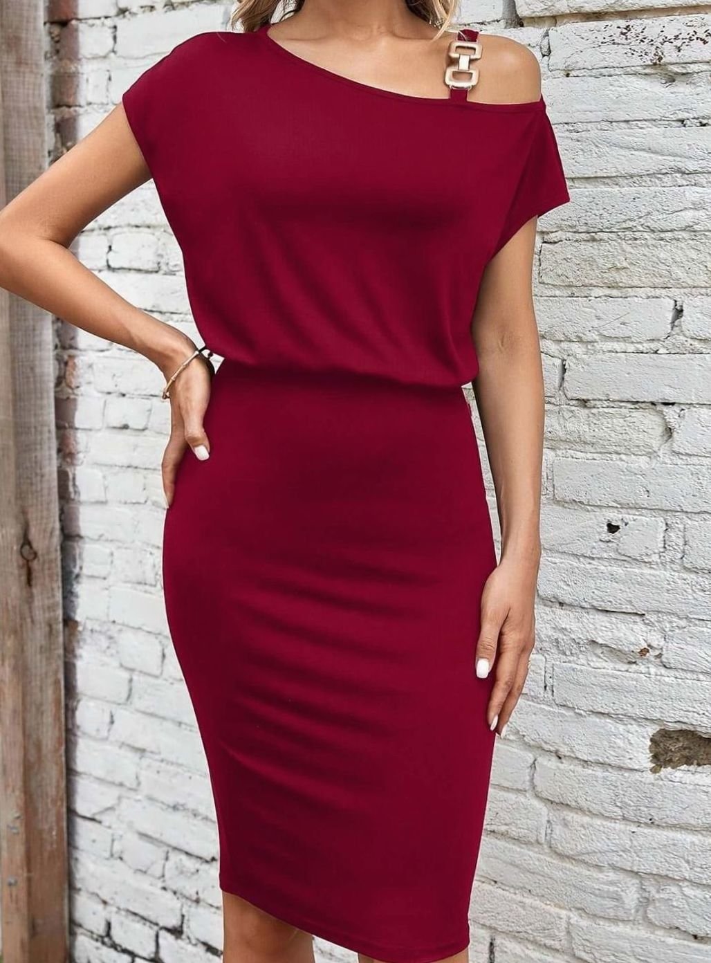 Women's Cold Shoulder Short Sleeve Formal Bodycon Dress, Burgundy - Burgundy