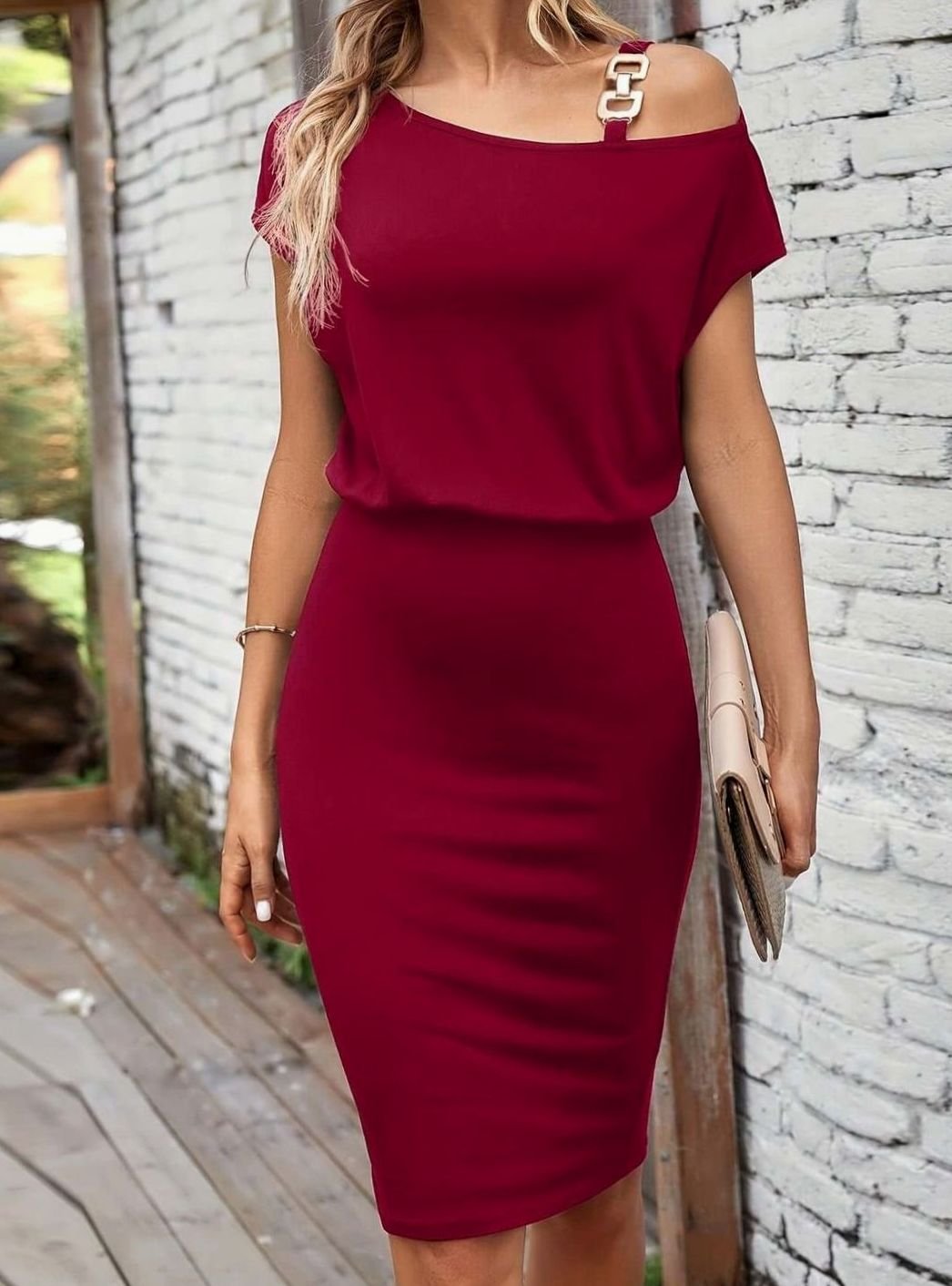 Women's Cold Shoulder Short Sleeve Formal Bodycon Dress, Burgundy