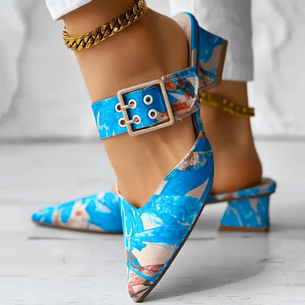 Women's Comfort Sandals Abstract Print Buckle Strap Block Heel Mules