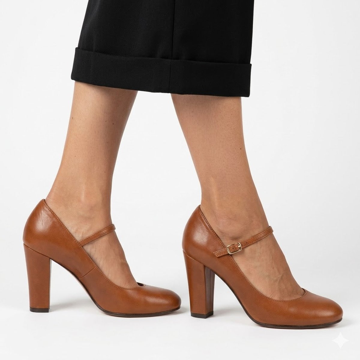 Women's Comfort Sandals Block Heel Mary Jane Leather Pumps - Brown