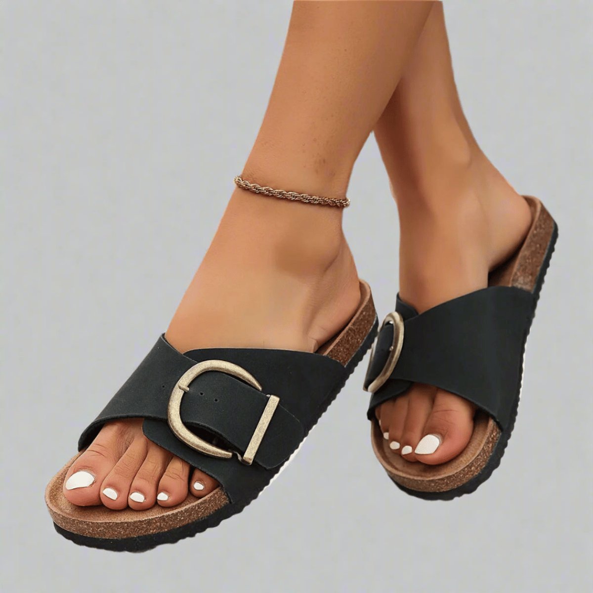 Women's Comfort Sandals Cork Footbed Buckle Slide - Black