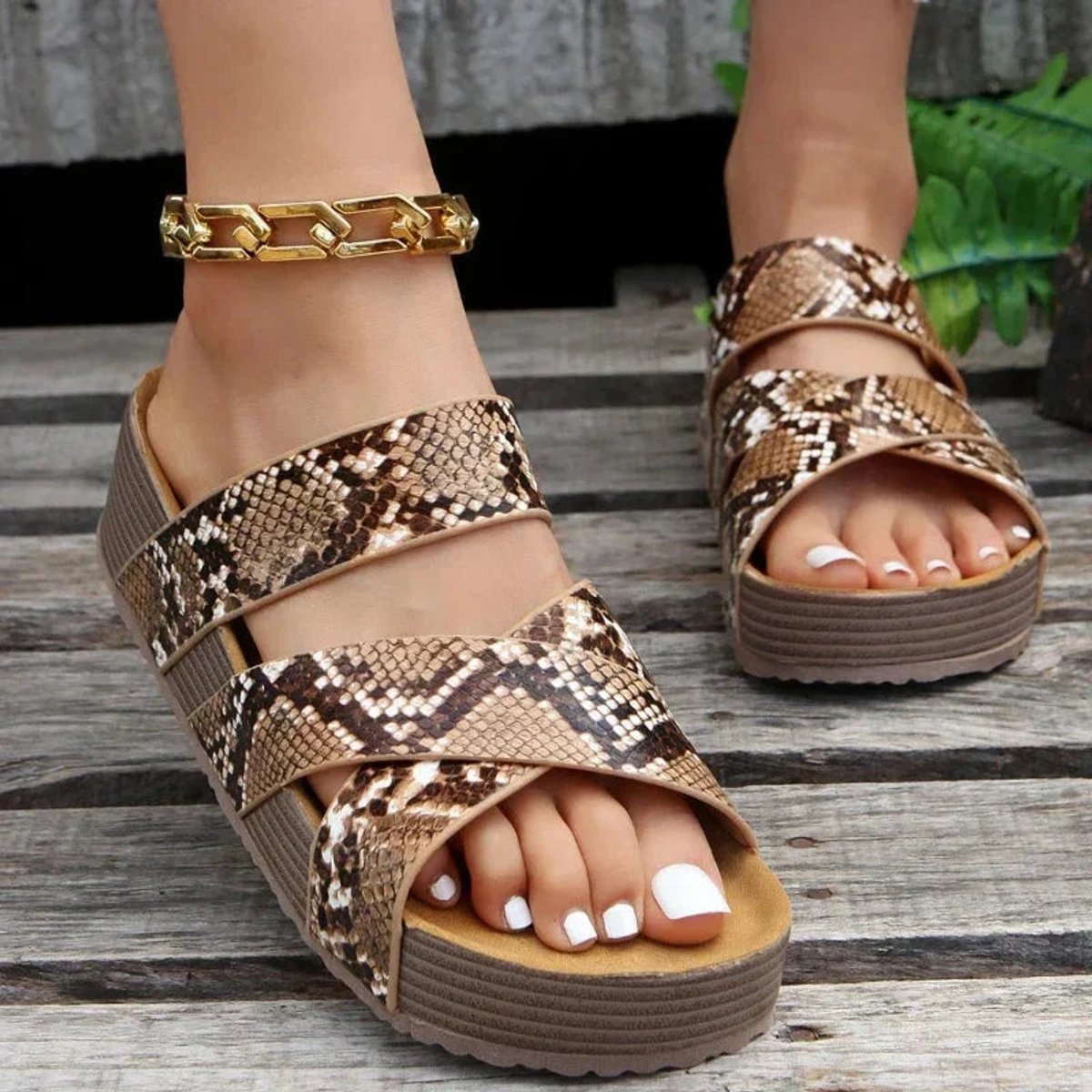 Women's Comfort Sandals Cross-Strap Orthopedic Platform Slides - Snake Print