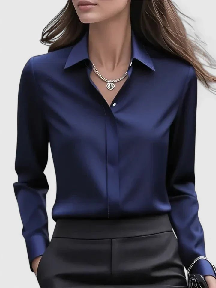 Women's Concealed-Placket Satin Long-Sleeve Button-Down Shirt - Navy Blue