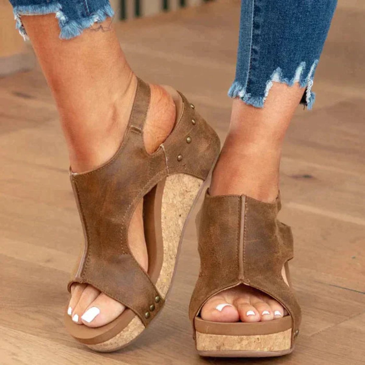 Women's Cork Wedge Comfort Sandals Faux Leather Open Toe - Brown