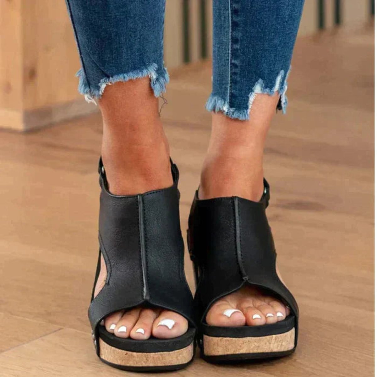 Women's Cork Wedge Comfort Sandals Faux Leather Open Toe - Black