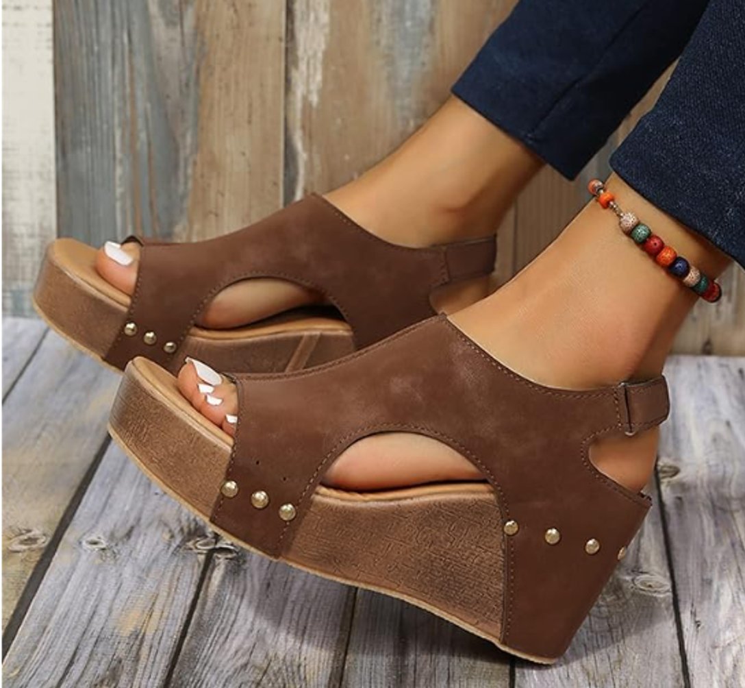 Women's Cork Wedge Open-Toe Comfort Sandals Adjustable Ankle Strap - Brown