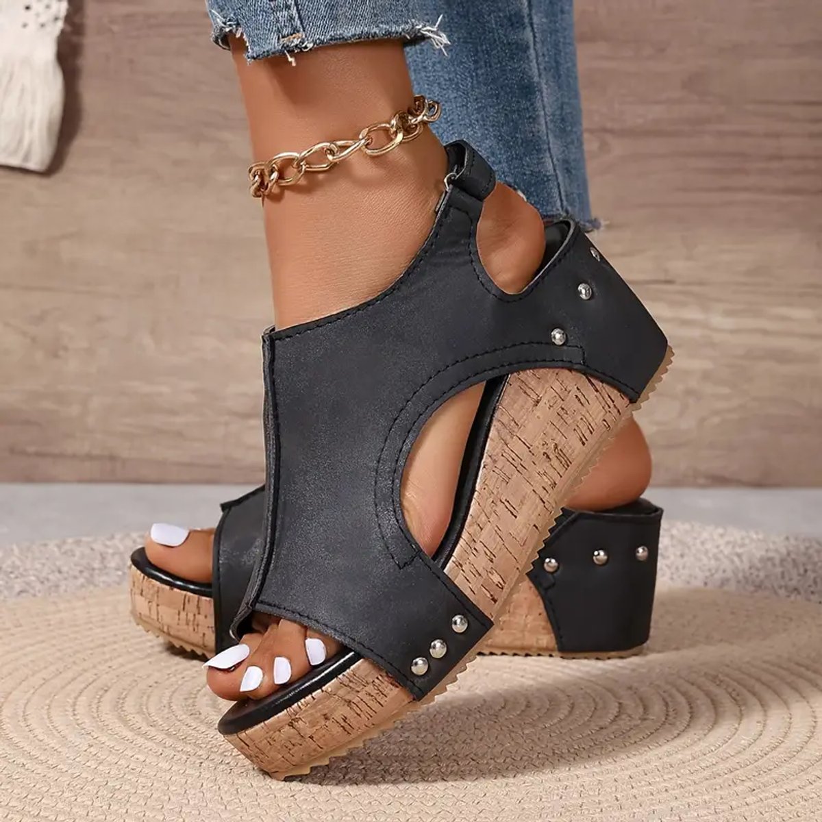 Women's Cork Wedge Open-Toe Comfort Sandals Adjustable Ankle Strap