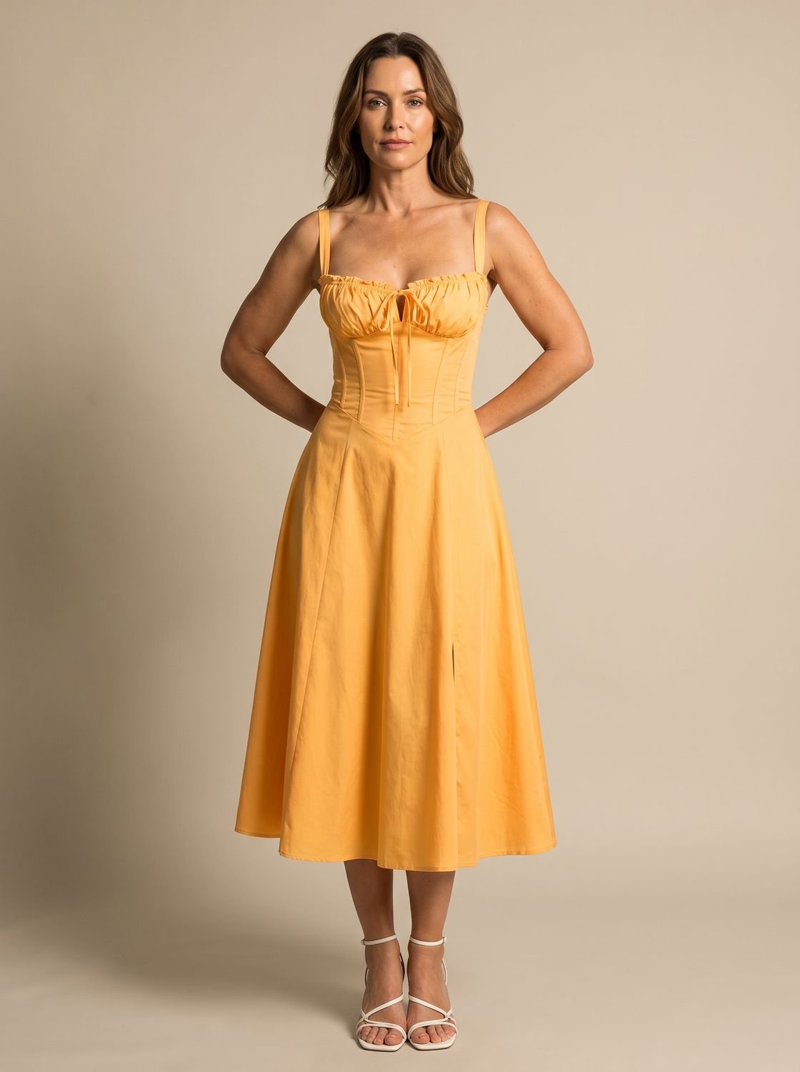 Women's Corset Bodice A-Line Midi Dress Tie-Front - Orange