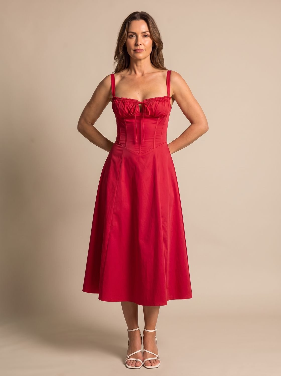 Women's Corset Bodice A-Line Midi Dress Tie-Front - Red